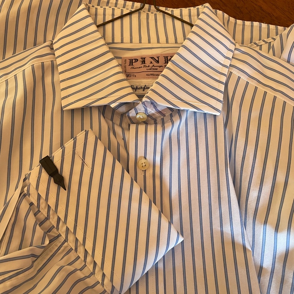 THOMAS PINK of LONDON French cuff dress shirt cobalt blue stripe 16 1/2-34 $30.